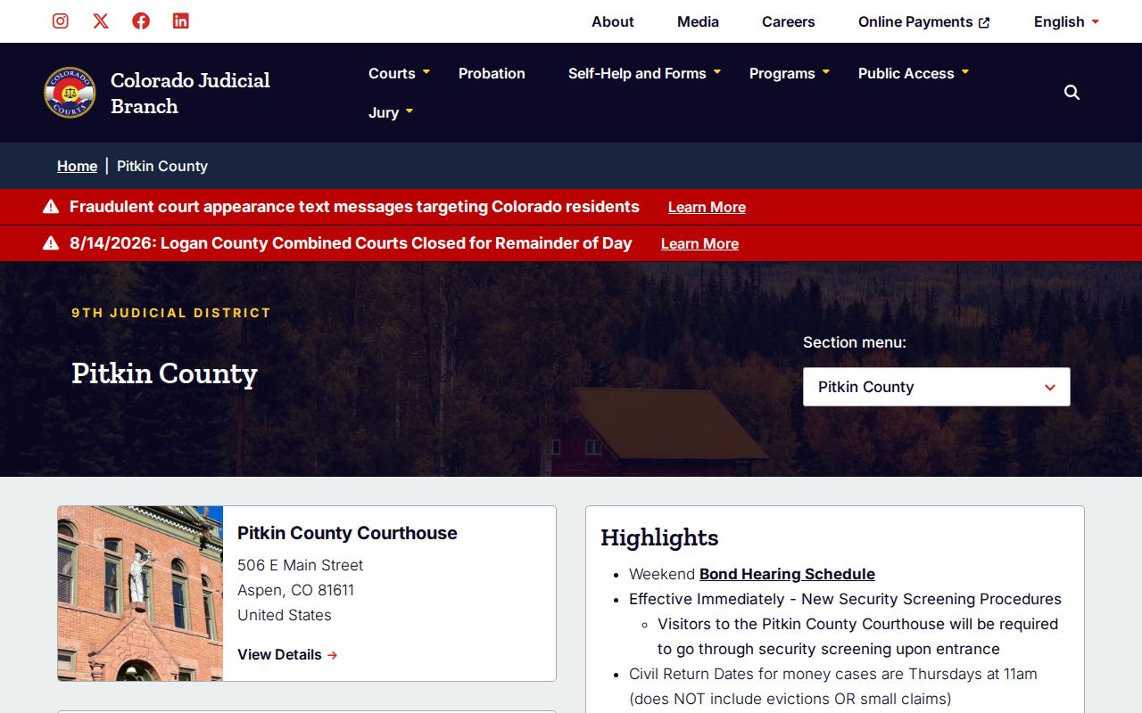 Pitkin County court docket access on the official trial court page