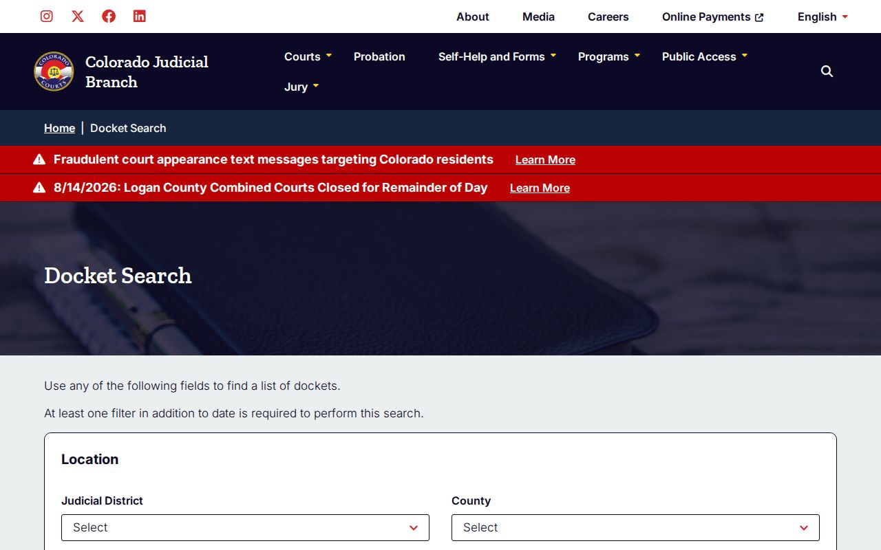 Pitkin County court docket calendar search fields