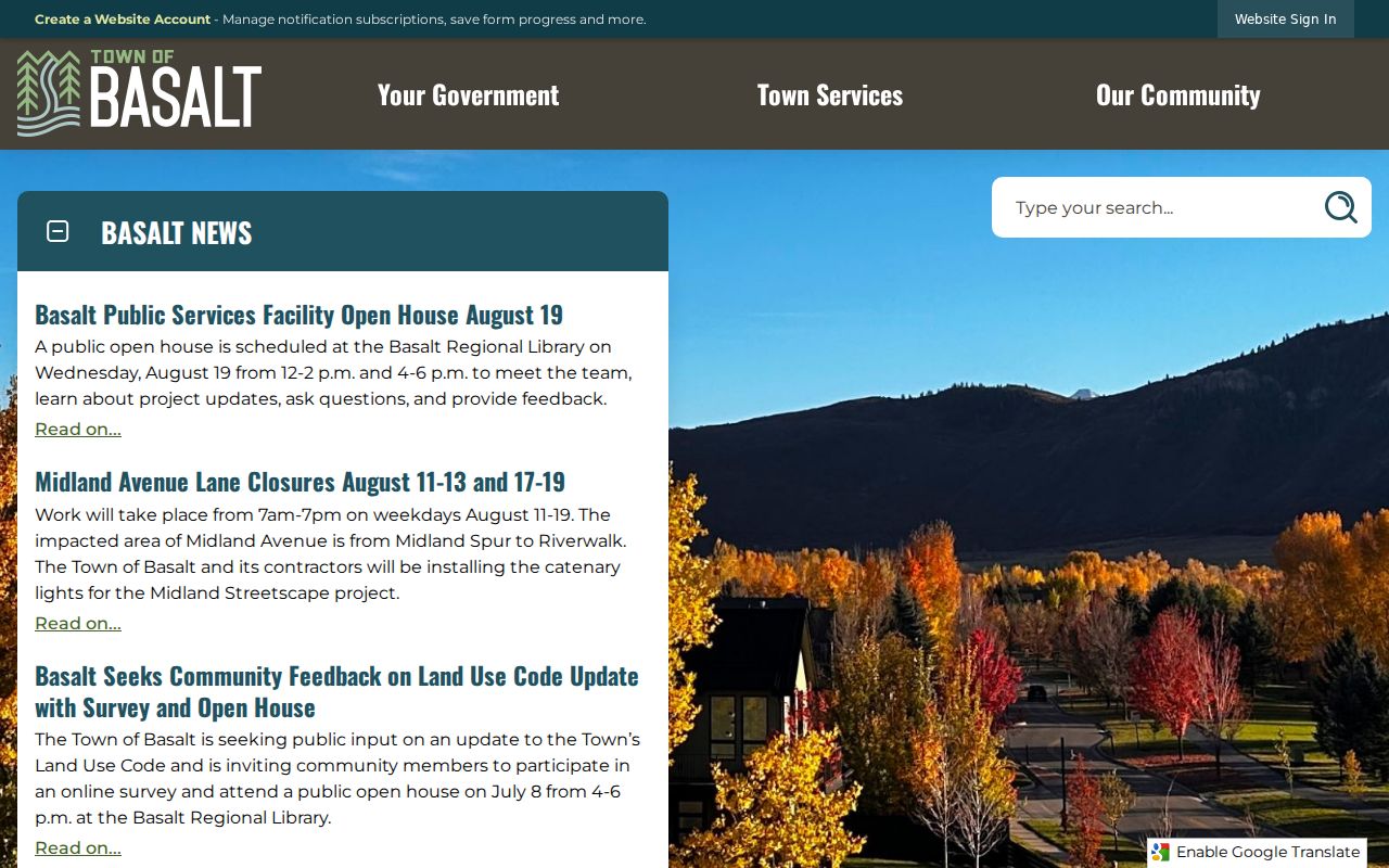 Basalt official site with municipal court docket and Town Hall entry points