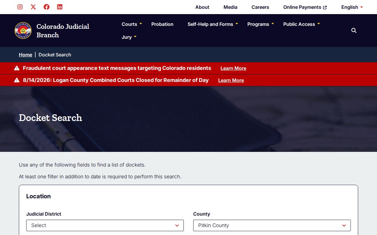 Pitkin County criminal docket calendar search structure